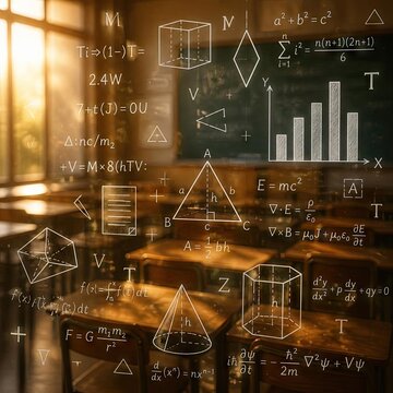 A dark, moody classroom setting with a chalkboard filled with various scientific equations, geometric shapes, and a bar graph, emphasizing a blend of theoretical and applied mathematics