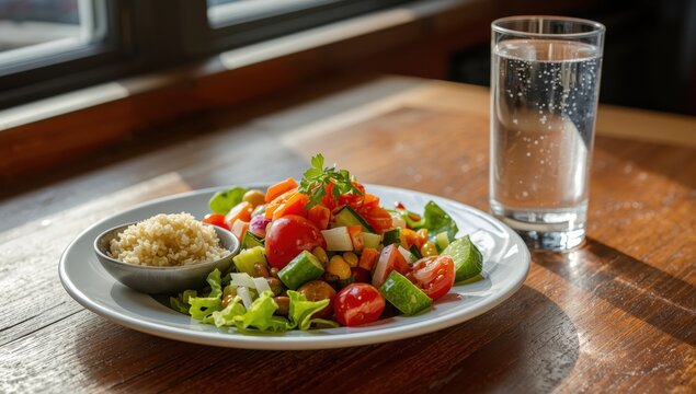 Bulgur vegetable salad accompanied by a glass of water on the dining table.