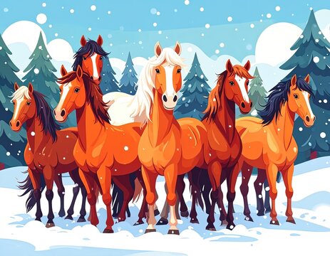 Horses standing together in snowy landscape.