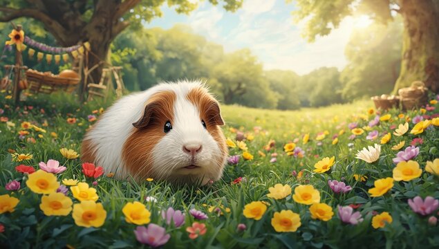 Charming small guinea pig set against a Lammas backdrop.