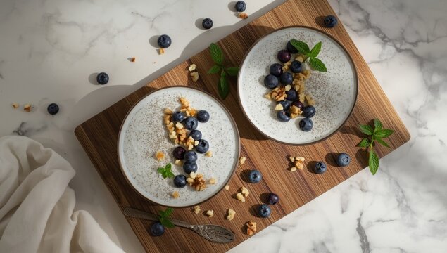 Chia seed pudding topped with blueberries and walnuts on a wooden board for two.
