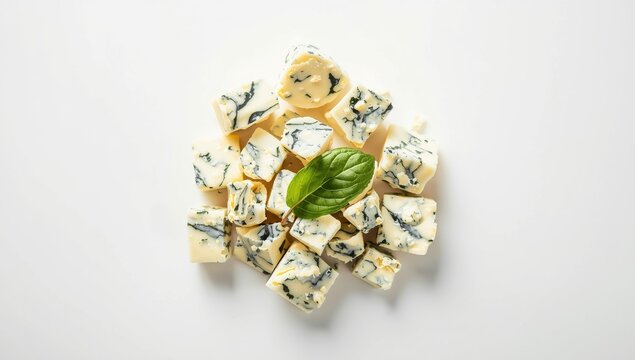 Chopped blue cheese on a white surface, viewed from above.