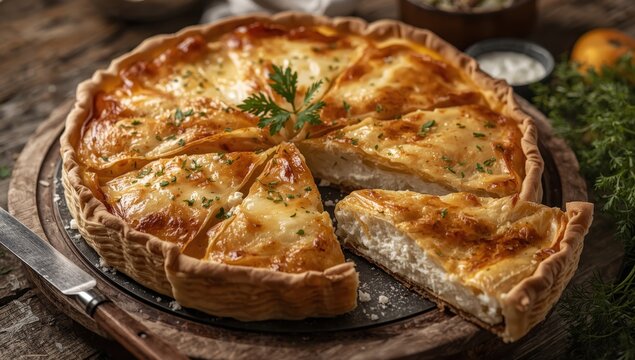 Classic feta-filled phyllo pastry on a wooden surface.