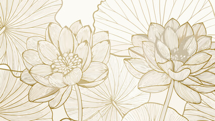 Obraz premium Floral ornament featuring lotus blossoms and lily pads in a detailed line drawing style with a beige background flowers blossom bloom