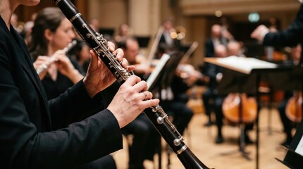 Fototapeta premium Close-up of a clarinetist's hands playing a woodwind instrument.
