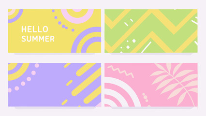 Four pastel colored vector banners displaying abstract shapes and a summer greeting arranged in a grid geometric graphic illustration layouts modern © Prosit