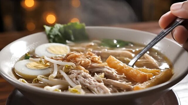 Delicious Bowl of Soto Ayam with Egg and Fried Potatoes.