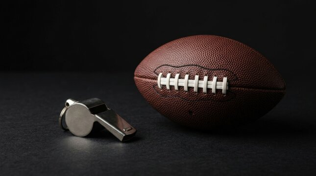 Metal referee whistle next to American football on dark surface