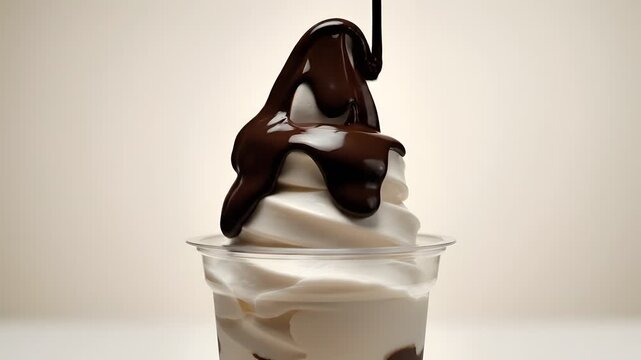 A delicious serving of creamy vanilla soft serve ice cream topped with rich chocolate sauce in a clear plastic cup