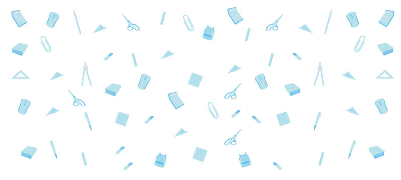 Light blue school stationery and office supplies seamless pattern background illustration. Cute vector pattern with backpack, notebook, book, pen, ruler, mouse, and paper plane