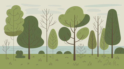 Stylized Forest Scene With Trees And Water Vector Illustration woods woodland vegetation foliage leafy greenery nature landscape scenic outdoor lake river © Nargis