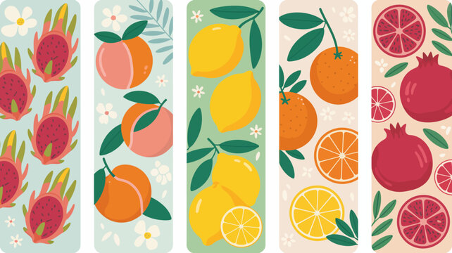 Citrus and tropical fruit pattern vector illustration with pastel colors dragonfruit peach nectarine lemon orange grapefruit pomegranate floral botanical repeating design