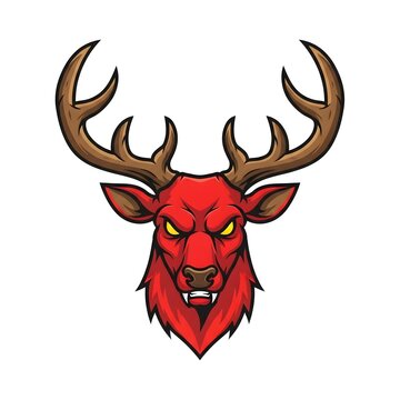 Fierce red deer mascot head with menacing eyes and sharp fangs on white background concept