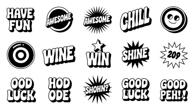 Collection of black and white typographic stickers with various phrases and symbols typography graphic design labels text vector illustration isolated background