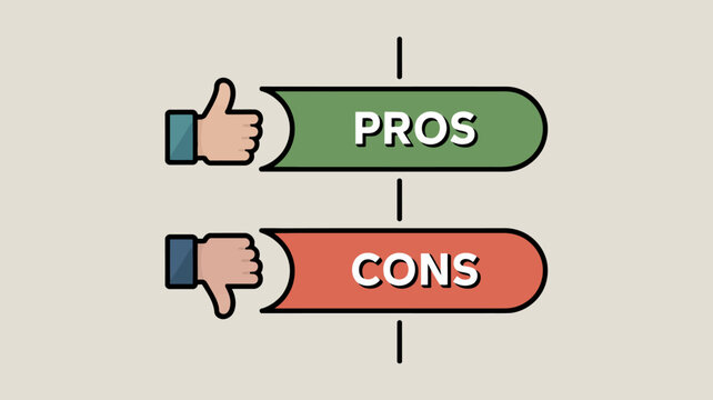 Thumbs up and down icons with pros and cons labels flat vector illustration icon positive feedback negative decision making design two color