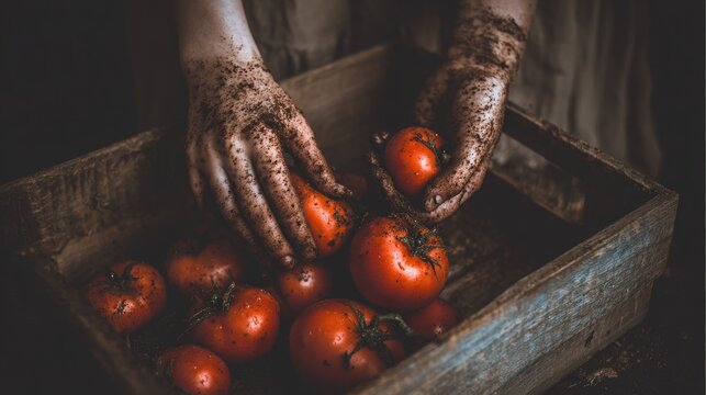 Hands holding fresh ripe tomatoes from garden harvest