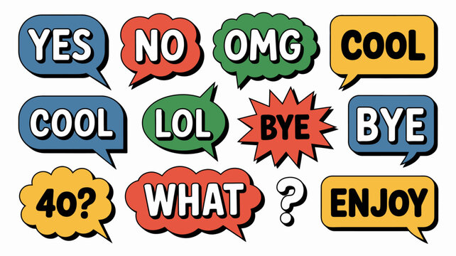 Colorful speech bubble collection with common internet slang terms on a white background bubbles comic thought chat text balloons dialogue boxes