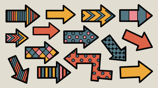 Assorted patterned arrows colorful vector illustration on a neutral background arrowhead arrow shapes directional pointing graphic design multi colored geometric element visual