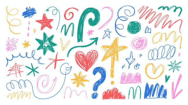 Colorful doodle collection on a white background featuring stars hearts and question marks doodles scribbles hand drawn sketch illustration vector bright playful
