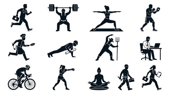 Mixed human lifestyle silhouette icon set combining fitness and professions%3A jogging doctor  weightlifting construction worker  yoga teacher  chef running pose  engineer exercising  farmer stretchin