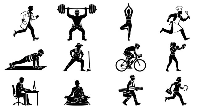 Mixed human lifestyle silhouette icon set combining fitness and professions%3A jogging doctor  weightlifting construction worker  yoga teacher  chef running pose  engineer exercising  farmer stretchin