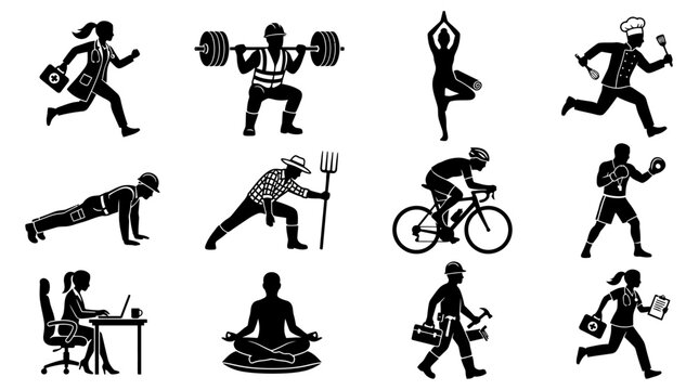 Mixed human lifestyle silhouette icon set combining fitness and professions%3A jogging doctor  weightlifting construction worker  yoga teacher  chef running pose  engineer exercising  farmer stretchin