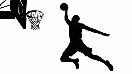 Basketball player silhouette against a white background depicting a dynamic sports action jump dunk athletic competition game ball hoop net black and white © Nargis
