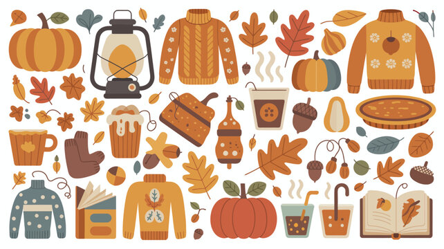 Autumn themed Illustration With Pumpkins Sweaters And Fall Foliage On A White Background sweater knitwear lantern pie cupcake muffin coffee tea