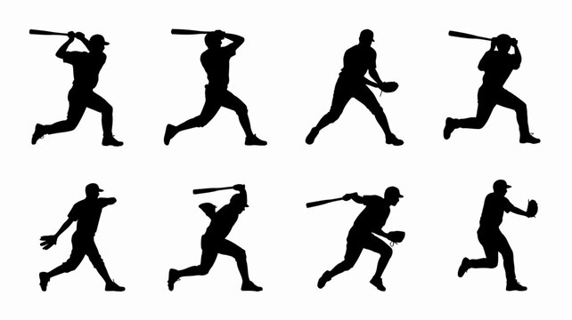 Baseball player silhouettes depicting various batting and running actions against a white background runner athlete sport sportsman silhouette black vector graphic