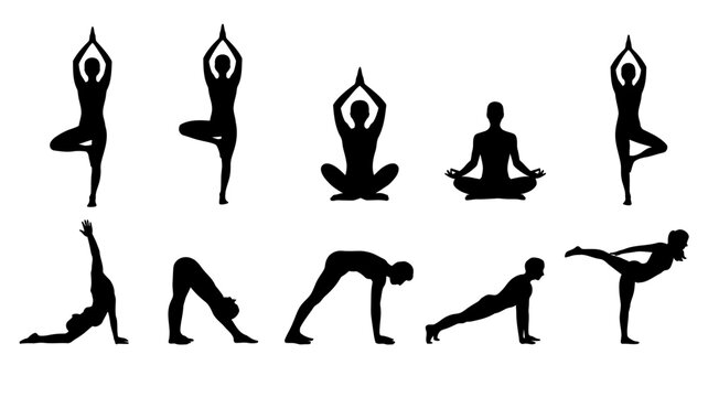 Yoga Poses Silhouette Collection On White Background asanas postures silhouettes black exercise fitness meditation wellness health relaxation mindfulness stretching flexibility body