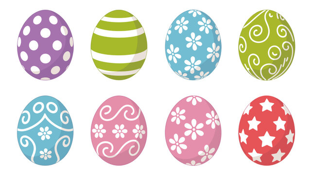 Colorful decorated eggs vector illustration with patterned surfaces on a white background easter painted floral polka dot striped swirl star eggshell