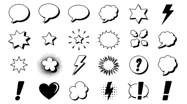 Collection of black comic book speech bubbles stars and lightning bolts on a white background bubble thought starburst bolt exclamation mark