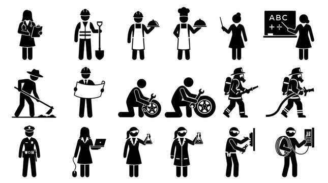 Professional worker silhouette icon set featuring doctor with stethoscope  construction worker with helmet  chef holding tray  teacher pointing board  farmer with hoe  engineer with blueprint  mechani