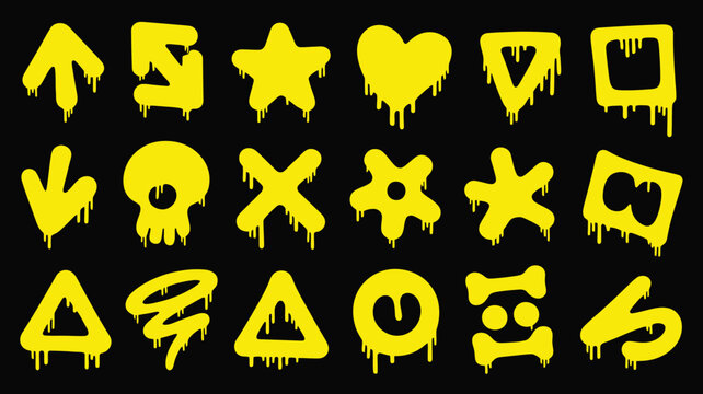 Yellow dripping shapes collection with a black background vector illustration graphic design arrow star heart triangle skull cross diamond square bone