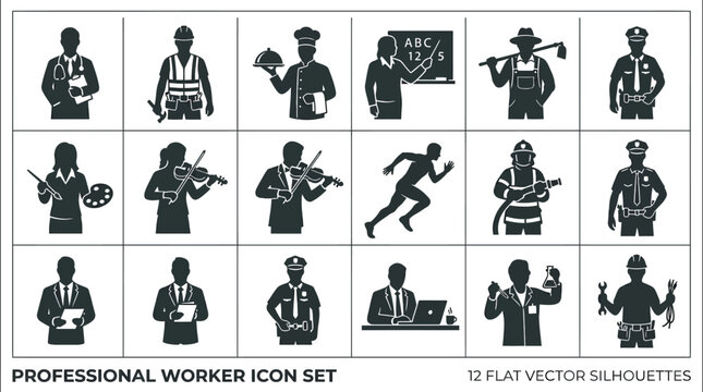 Professional worker silhouette icon set featuring doctor with stethoscope  construction worker with helmet  chef holding tray  teacher pointing board  farmer with hoe  engineer with blueprint  mechani