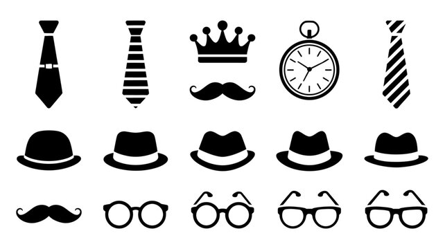 Gentleman s Accessories Collection Black Silhouette Icons On White Background bowtie necktie striped tie fedora hat mustache moustache pocket watch timepiece