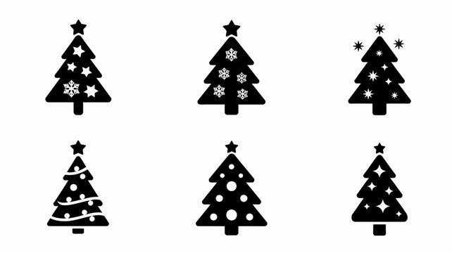 Six Black Silhouette Christmas Tree Shapes On A White Background evergreen fir pine holiday winter seasonal festive decor ornament flat design