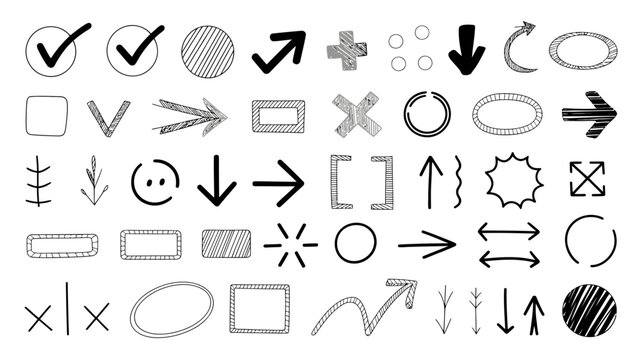 Hand Drawn Sketch Elements Collection On White Background scribbles doodles lines arrows geometric shapes circles squares rectangles check marks tick crosses