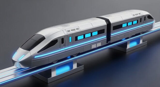 Futuristic maglev train in motion on elevated tracks with blue glowing lights and sleek metallic design