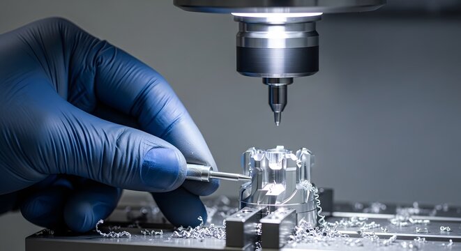 Gloved hand operates precision milling machine creating intricate metal part with shavings during manufacturing