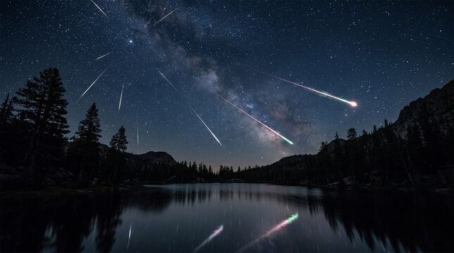 Stunning astrophotography of a meteor shower event over a mountain lake silhouette.