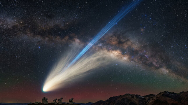 Spectacular bright comet with glowing tail and Milky Way over a mountain observatory.