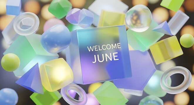 Welcome June summer celebration with colorful bokeh lights and festive greeting card background