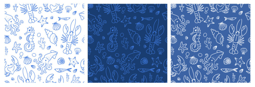 Seamless children sea animals pattern set with fish, turtle and jellyfish in white line art. Vector illustration in blue tones, perfect for kids fabric, nursery wallpaper or playful design.