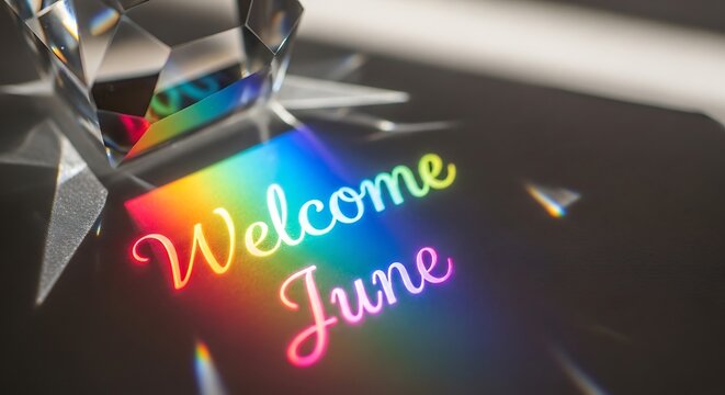 Rainbow welcome June text prism reflection