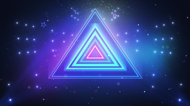 Vibrant neon triangle tunnel with glowing concentric outlines and sparkling particles on deep space backdrop, energetic retro synthwave motion graphic for music videos, intros and party visuals
