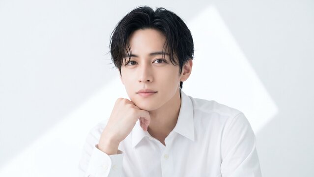 やわらかな自然光が差し込む白い背景の前で、頬杖をつきながら落ち着いた表情を見せる若い男性のビューティーポートレート。清潔感のある白シャツ、整った肌と髪、誠実で上品な印象が際立ち、メンズスキンケア、美容、ライフスタイル、広告、人物イメージに使いやすい素材