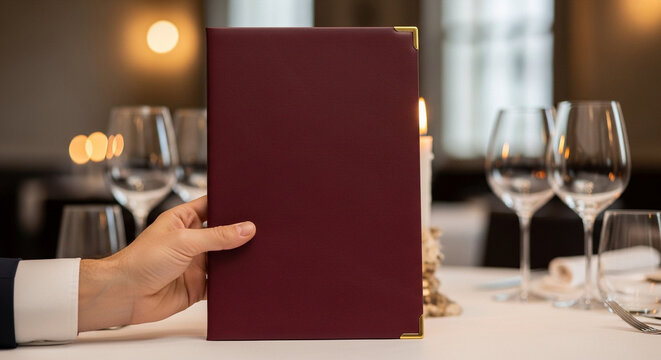 Hand holding a blank burgundy leather menu cover mockup with gold corners on a fine dining restaurant table