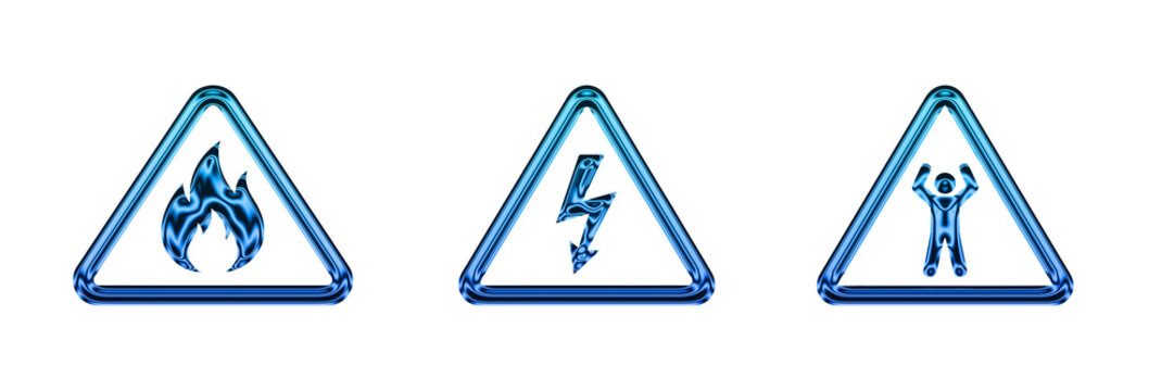 Glossy neon set of warning signs with flame, lightning and man on transparent background