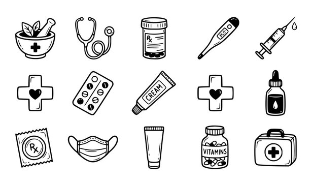 Wellness and Contraceptive Product Doodle Bundle, 12 Black and White Hand-Drawn Vector Illustrations of Pharmacy Items, Isolated Health Awareness Clipart for Infographics and Branding